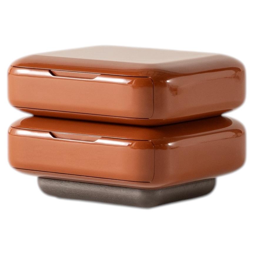 ALO Modern Two-Drawer Orange Lacquer Nightstand with Dark Oak Base, Sculptural For Sale