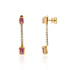 Natural Ruby Diamond Drop Earrings in 18k Solid Yellow Gold