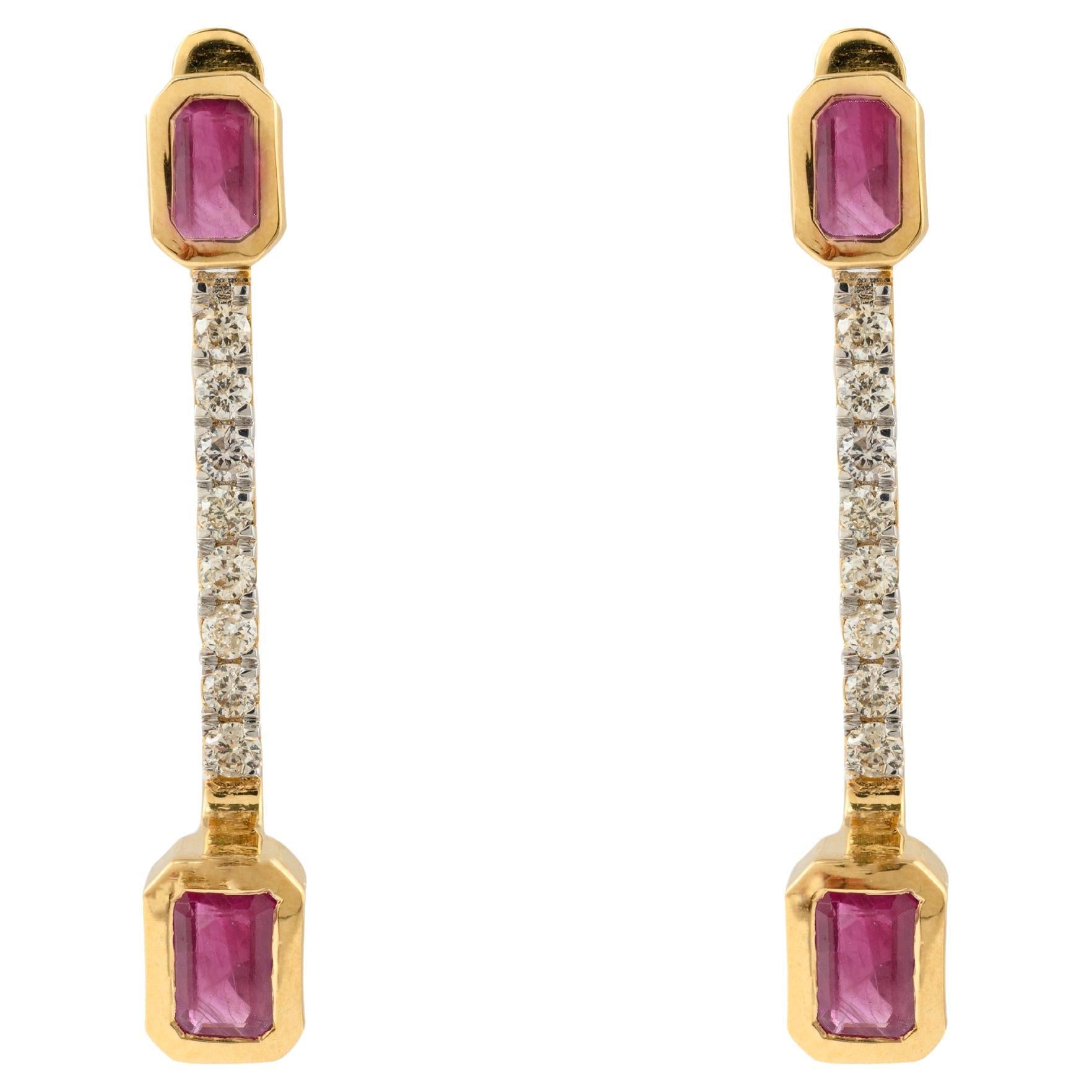 Natural Ruby Diamond Drop Earrings in 18k Solid Yellow Gold For Sale