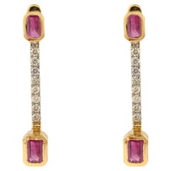 Natural Ruby Diamond Drop Earrings in 18k Solid Yellow Gold