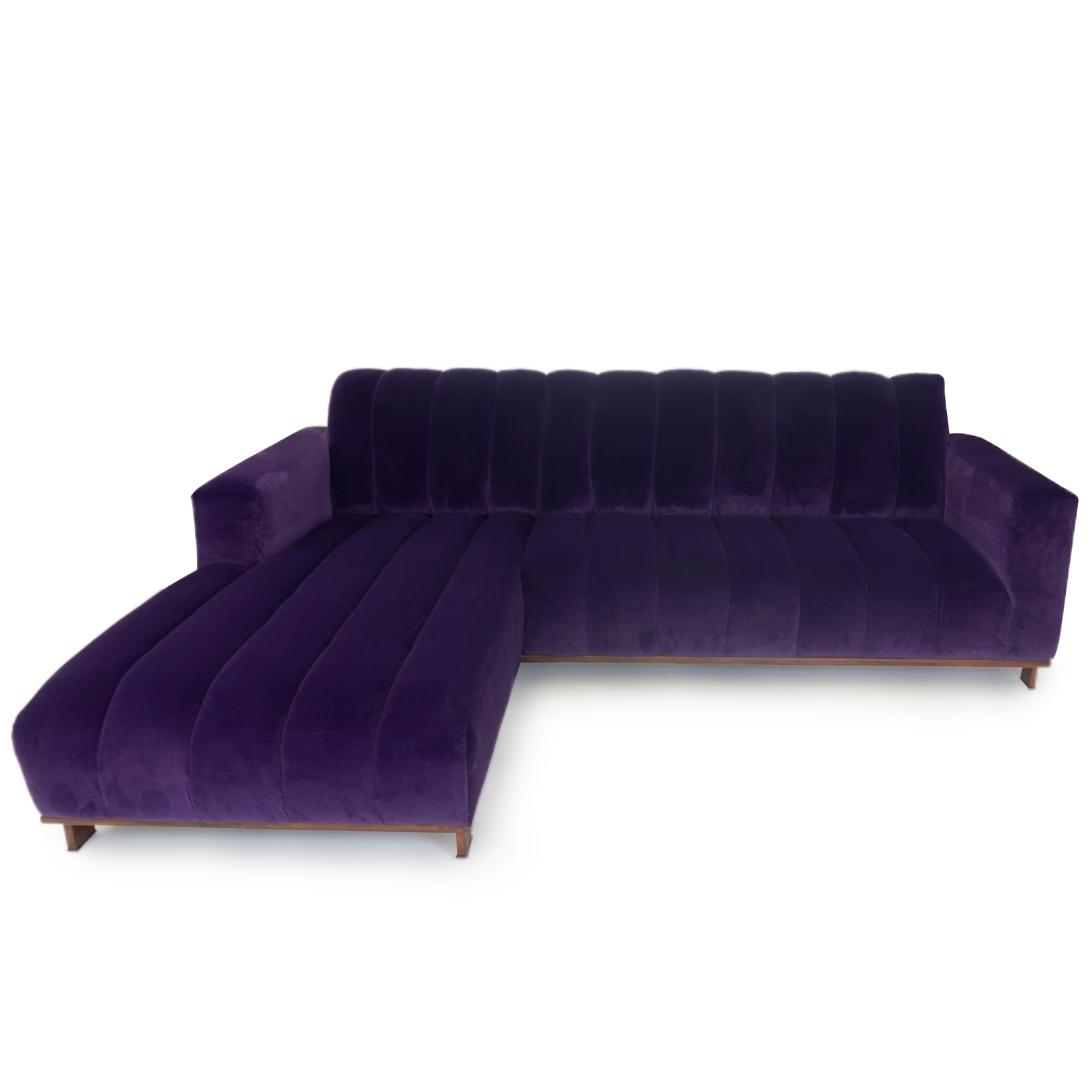 Modern Two-Piece Sectional Sofa with Channeled Velvet Upholstery For Sale 3