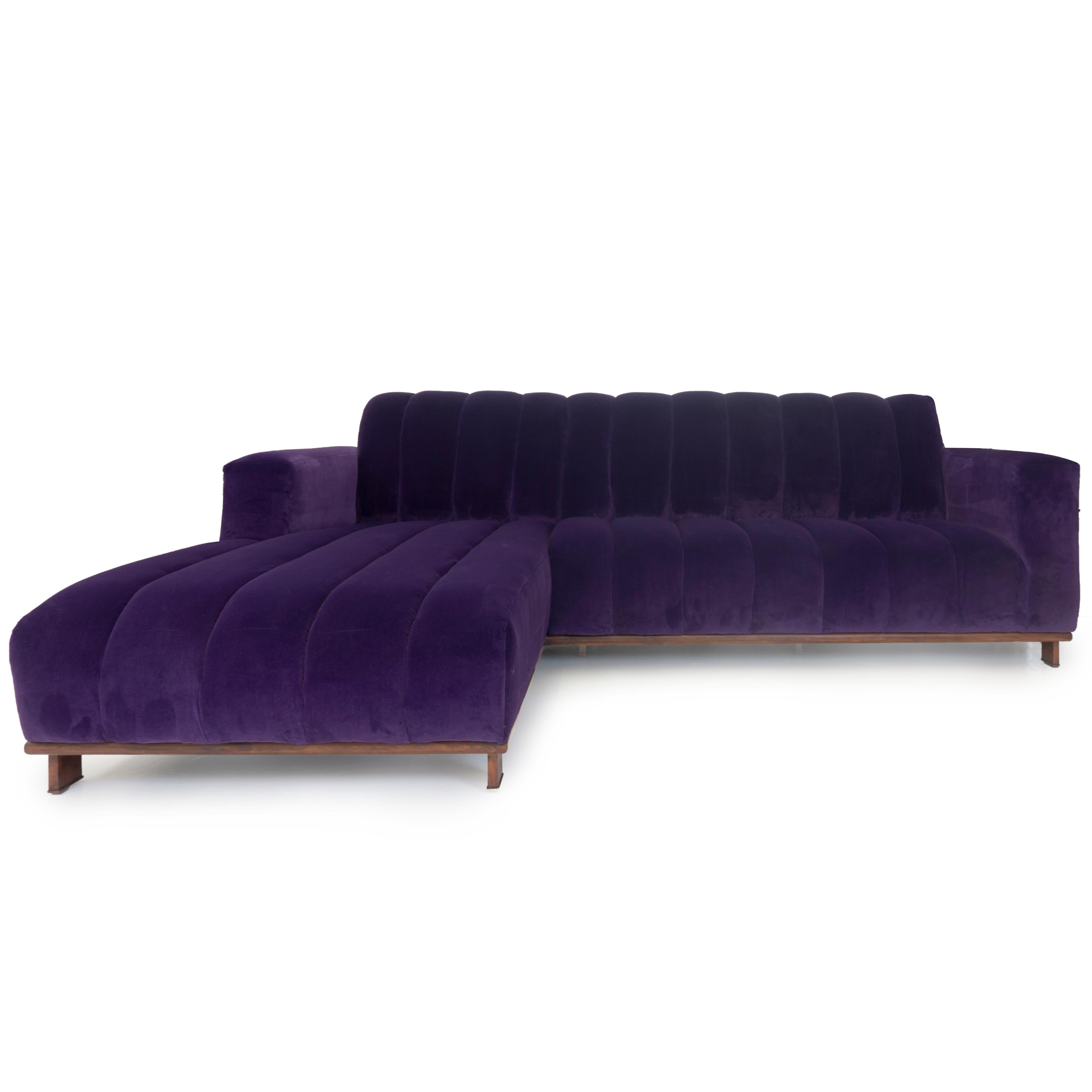 Modern Two-Piece Sectional Sofa with Channeled Velvet Upholstery For Sale 4