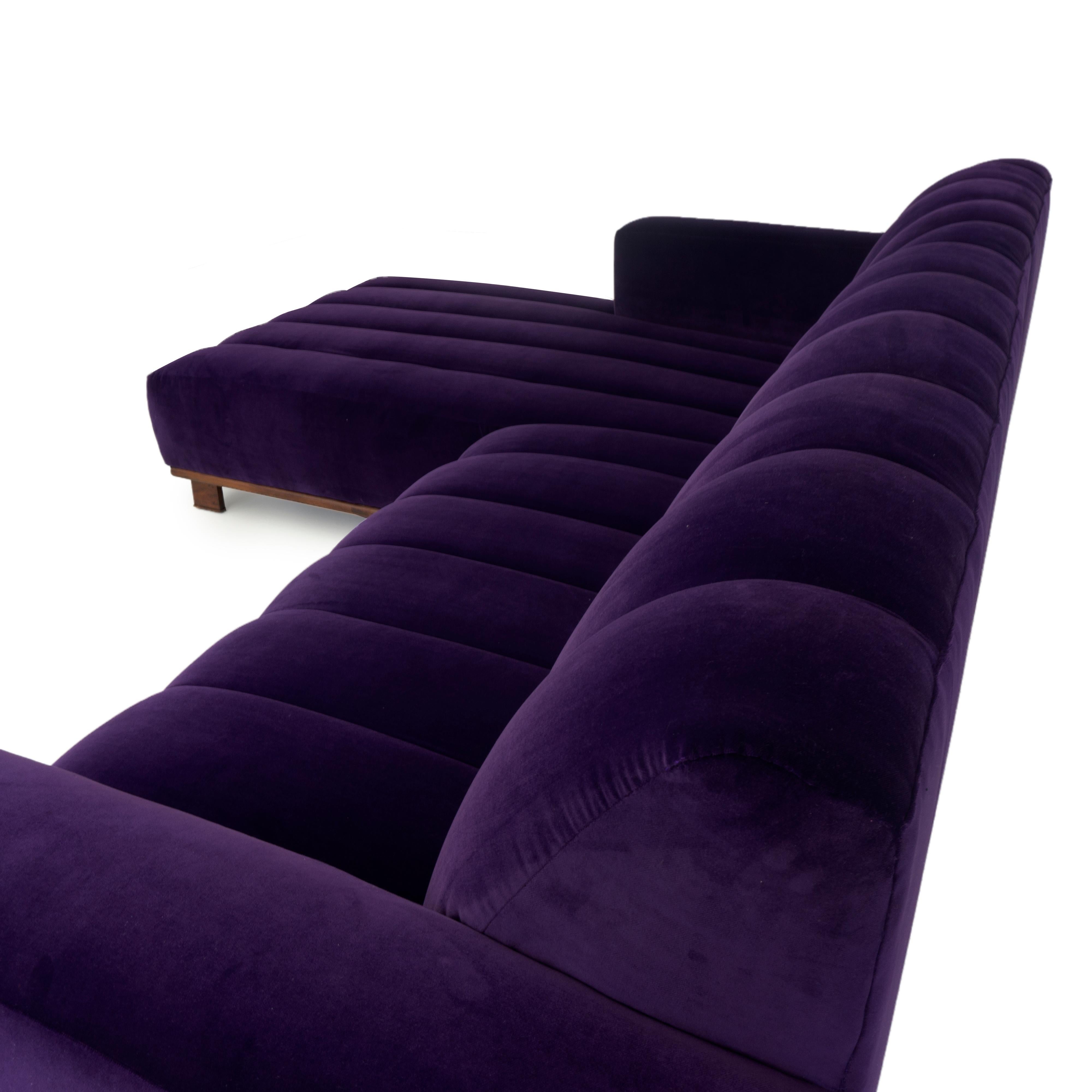 Modern Two-Piece Sectional Sofa with Channeled Velvet Upholstery For Sale 8