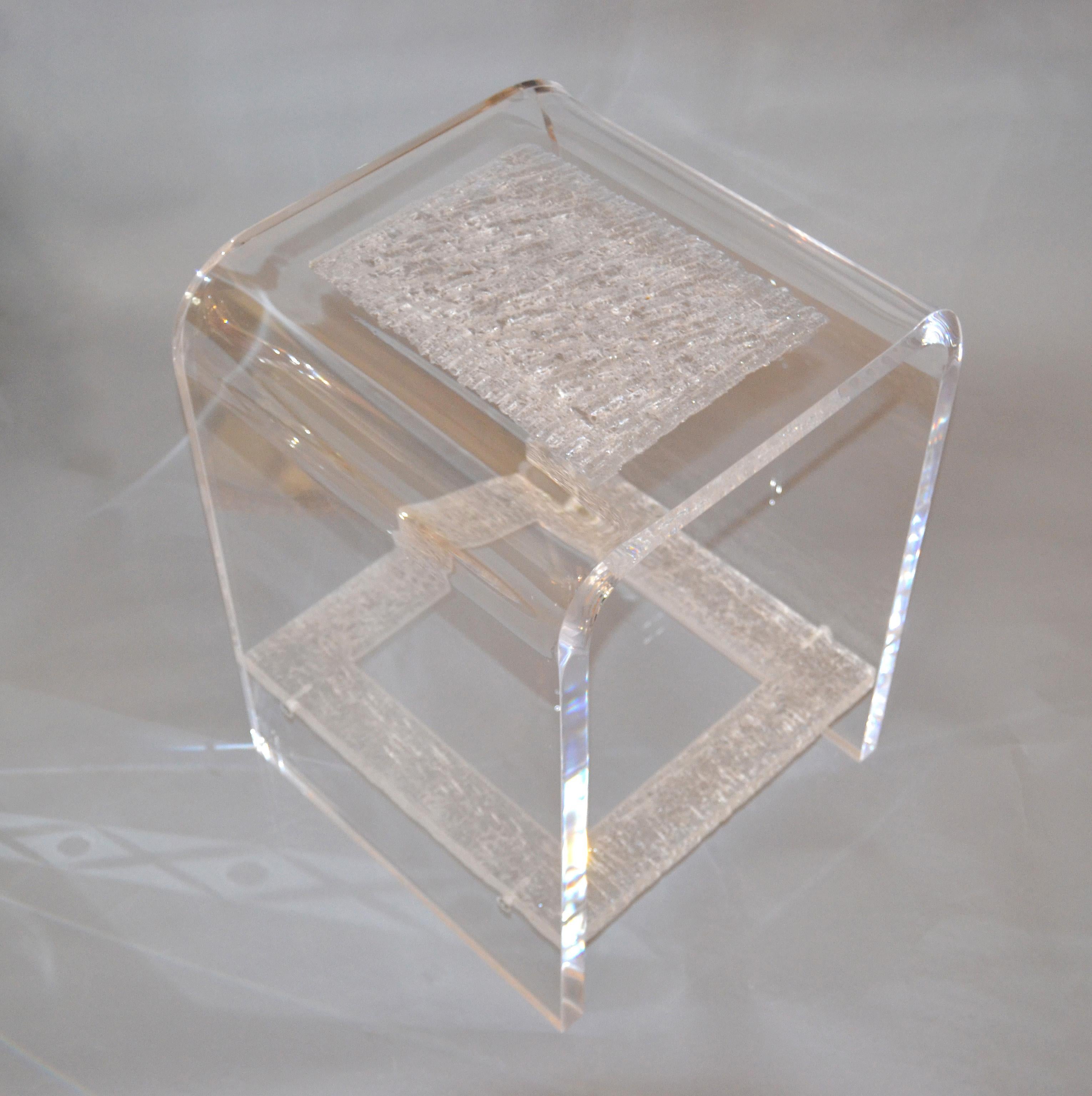 Modern Two-Tier Clear Acrylic and Crystallized Acrylic Side Table, End Table For Sale 2