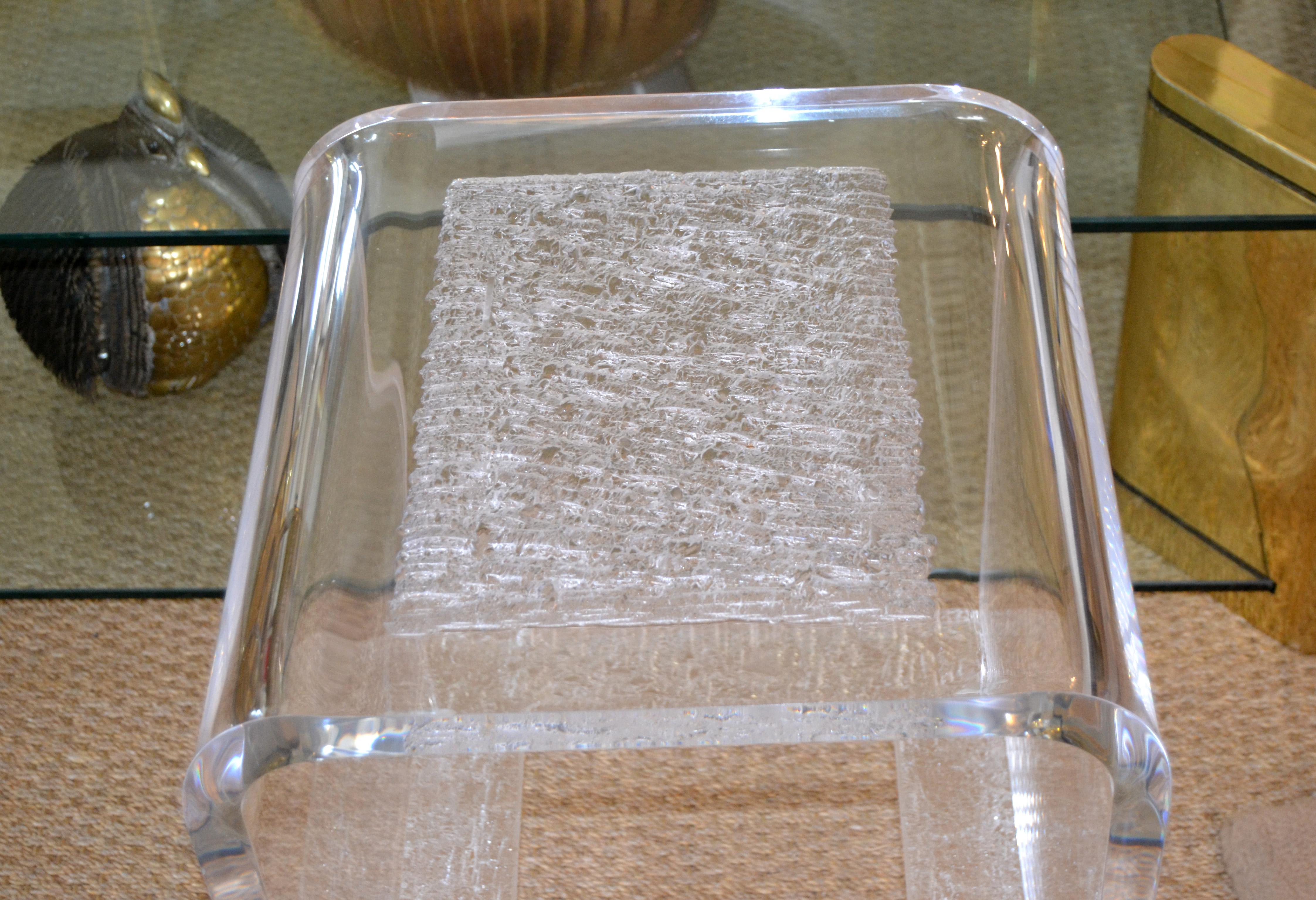 Hand-Carved Modern Two-Tier Clear Acrylic and Crystallized Acrylic Side Table, End Table For Sale