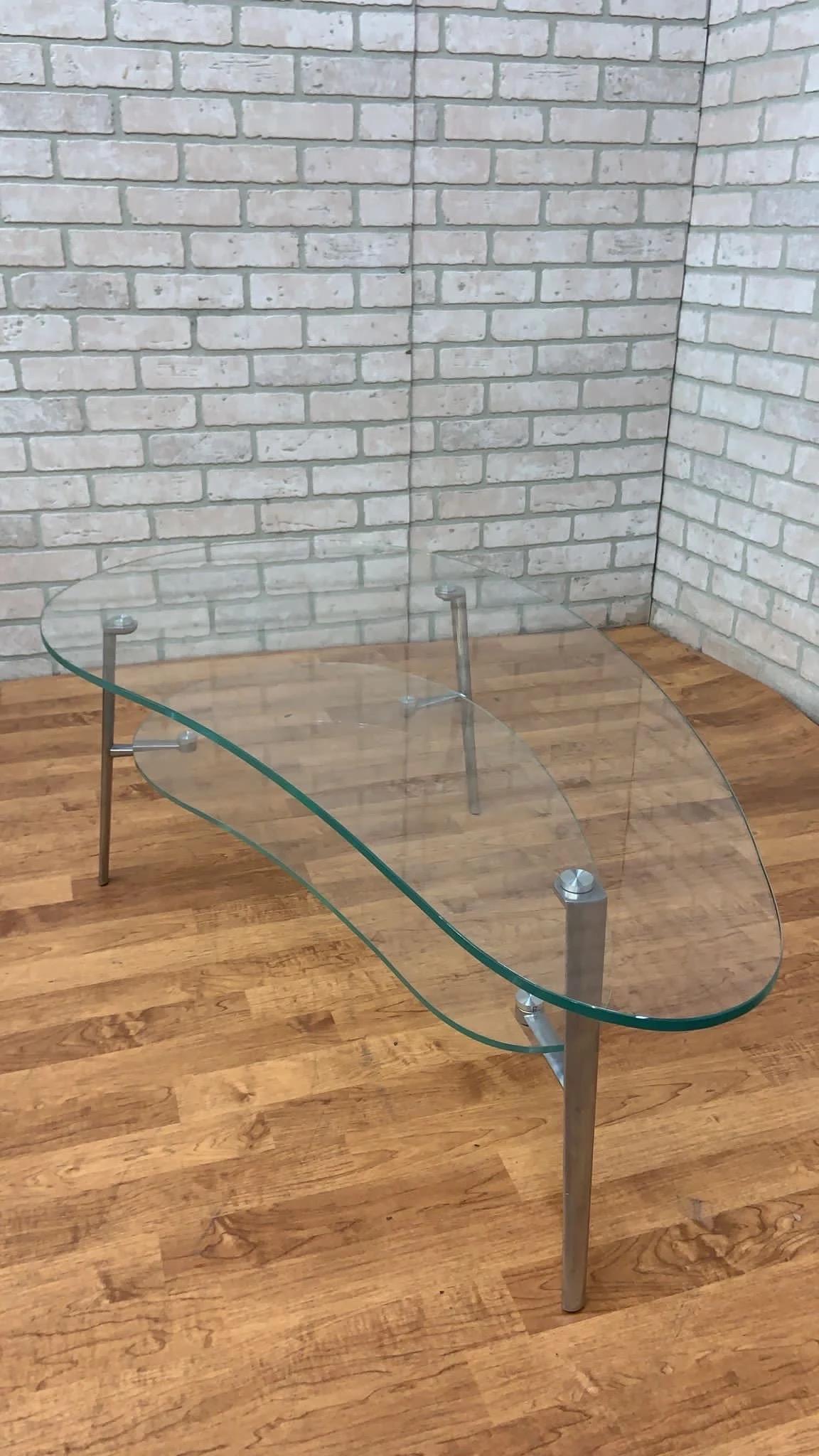 Minimalist Modern Two-Tier Kidney Shape Glass and Metal Coffee Table