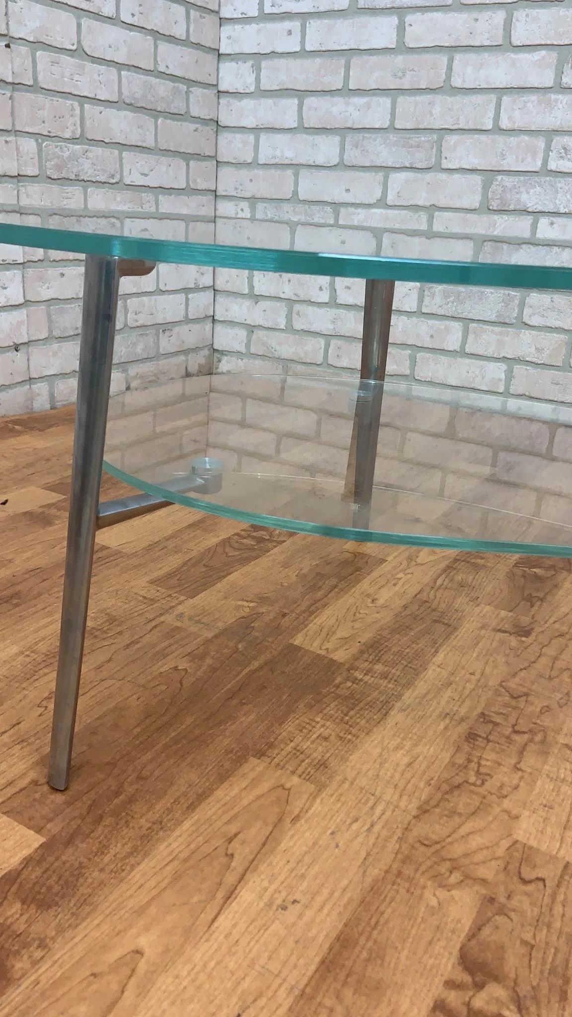 American Modern Two-Tier Kidney Shape Glass and Metal Coffee Table