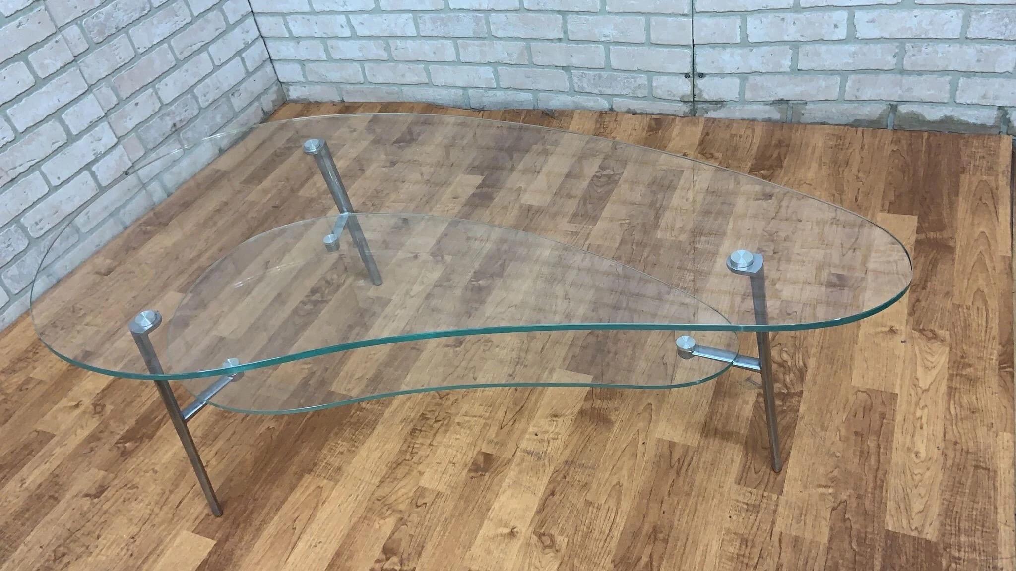 Modern Two-Tier Kidney Shape Glass and Metal Coffee Table In Good Condition In Chicago, IL