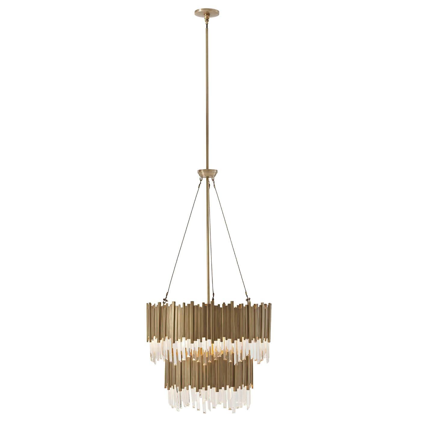 Modern two-tiered brass chandelier with brass stacked square rods, polished optical quality glass pendant crystals.
108
