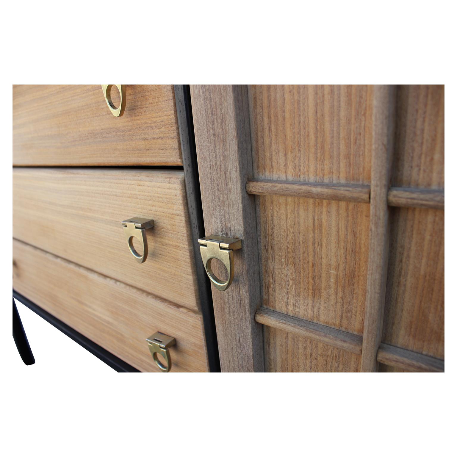 Late 20th Century Modern Two-Tone Black and Natural Credenza / Sideboard Brass Handles