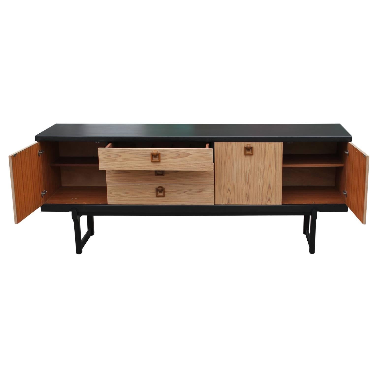 Mid-Century Modern Modern Two-Tone Bleached and Charcoal Credenza/Sideboard with Bakelite Handles