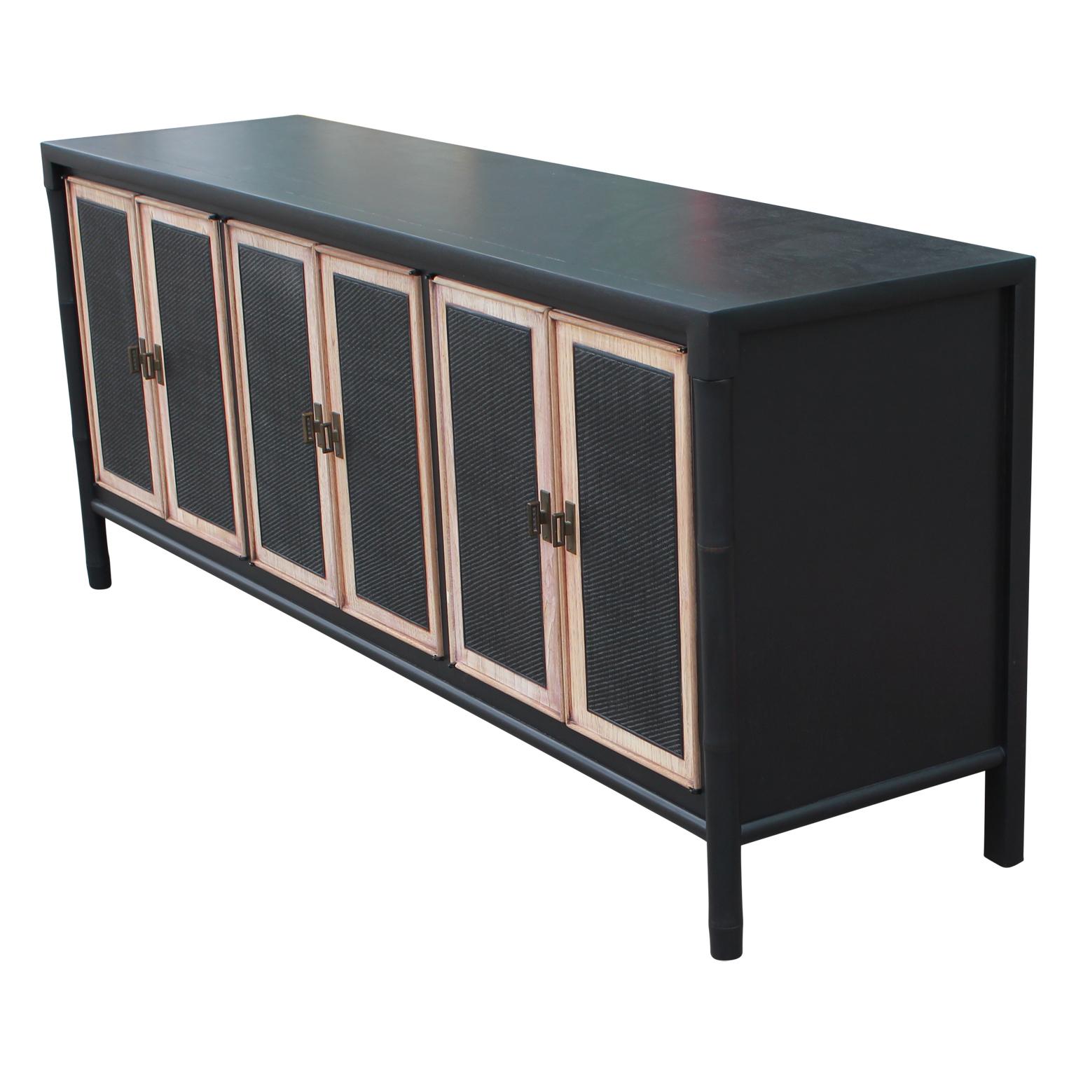 Mid-Century Modern Modern Two-Tone Cane Front and Faux Bamboo Credenza with Brass Hardware