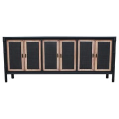 Modern Two-Tone Cane Front and Faux Bamboo Credenza with Brass Hardware