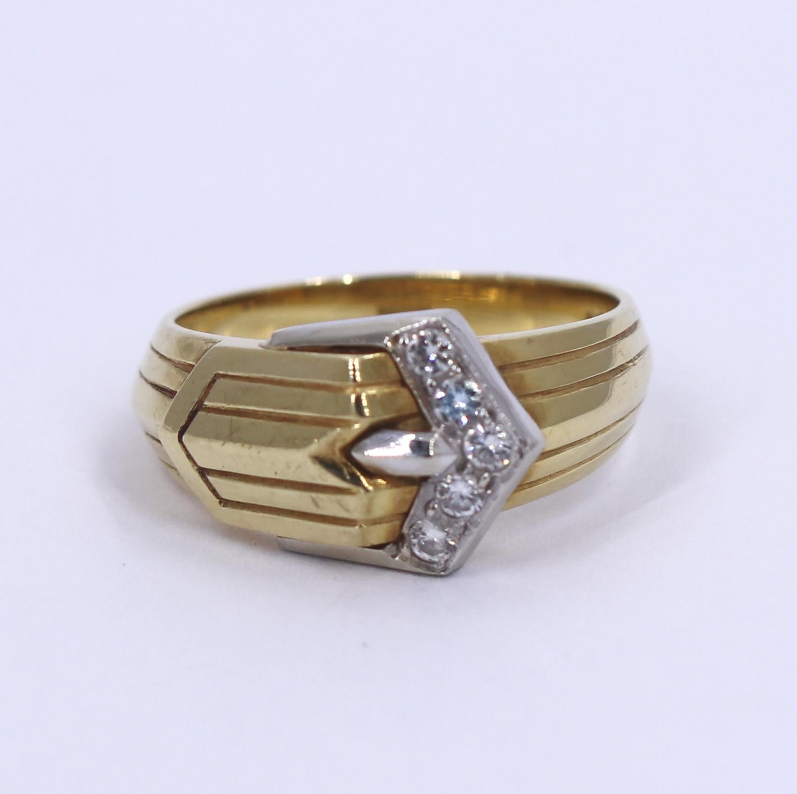 Modern Two-Tone Gold and Diamond Buckle Ring In Good Condition In Palm Beach, FL