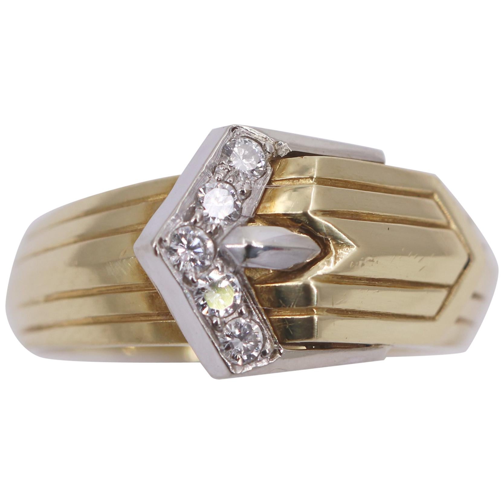 Modern Two-Tone Gold and Diamond Buckle Ring