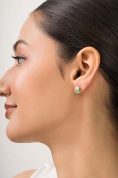 Modern Two-Tone Octagon Cut Emerald & Diamond Duo Stud Earrings in 18K Gold