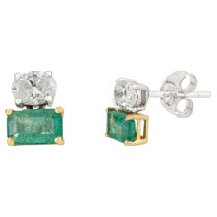 Modern Two-Tone Octagon Cut Emerald & Diamond Duo Stud Earrings in 18K Gold