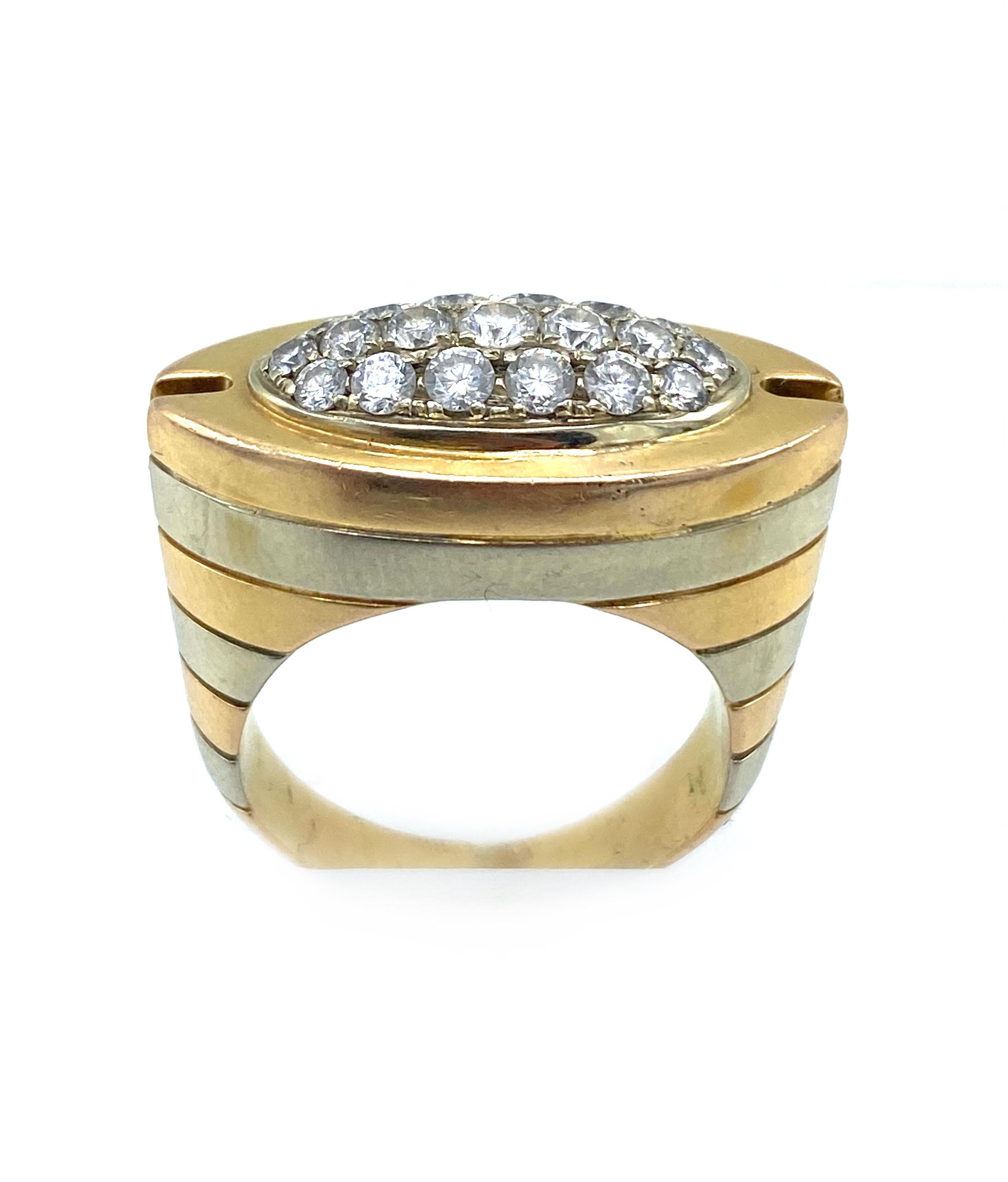 Product details:

The ring is made out of 18 karat white gold and rose gold with 1 ct of round brilliant cut diamonds F-G/ VVS, featuring striped pattern.

Total weight is 16.1 grams.
Measurements: 1inch long and 0.5 inch wide.
Ring size is