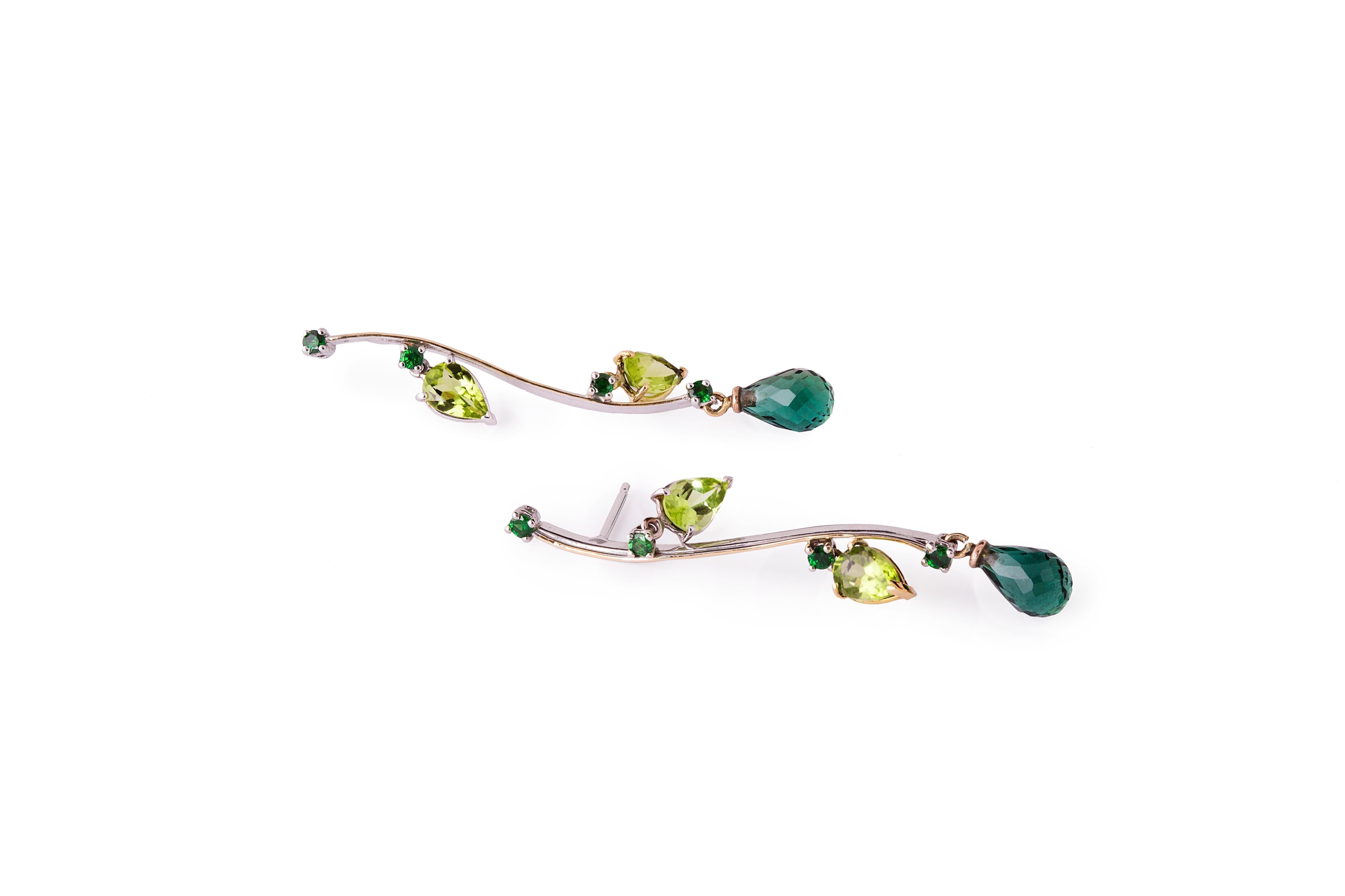 Green Peridot 18K Gold Tourmaline Drops Modern Style Design Dangle Earrings
