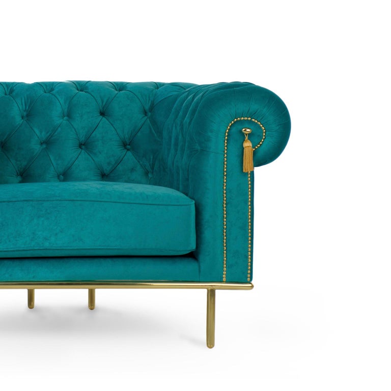 Modern UK Sofa in Blue Teal Velvet and Golden Detail, Chesterfield Sofa