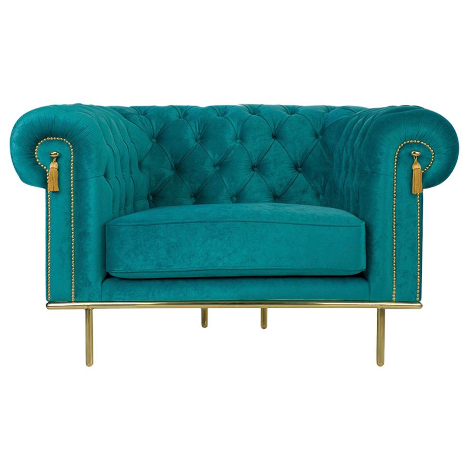 Modern UK Sofa in Blue Teal Velvet and Golden Detail, Chesterfield Sofa