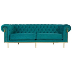 Modern UK Sofa in Blue Teal Velvet and Golden Details, Chesterfield Sofa