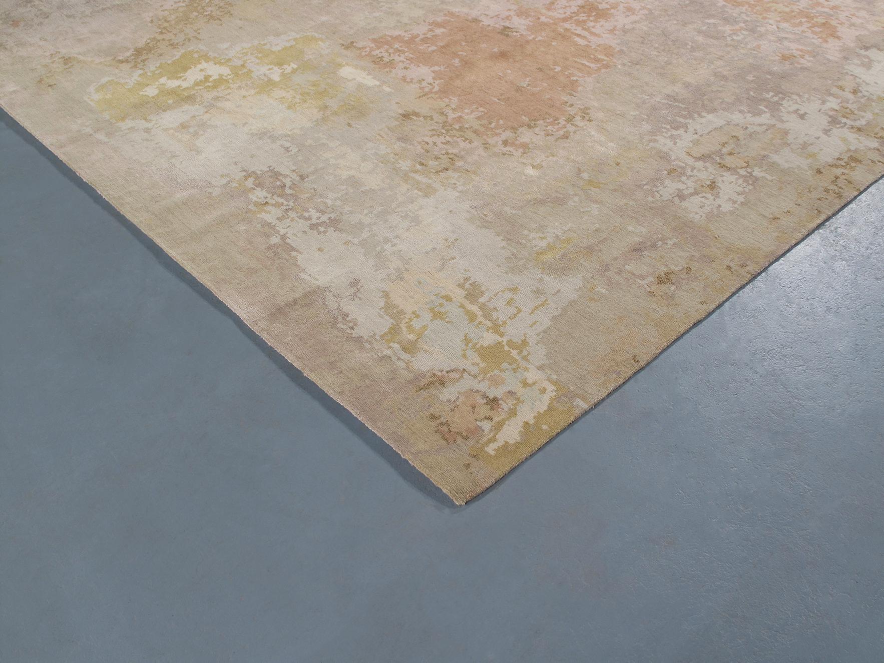 Contemporary Modern Unique Hand Knotted Wool and Silk Pastel Colored Rug For Sale