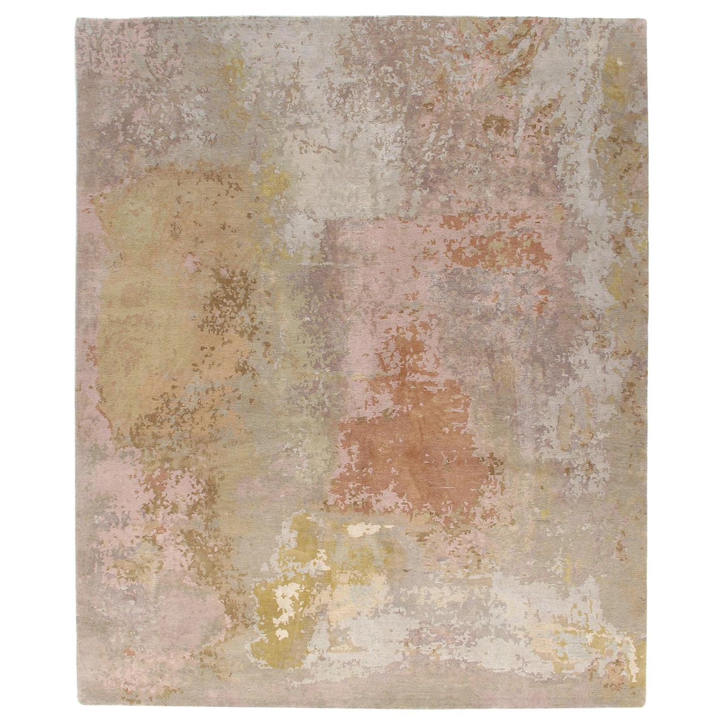 Modern Unique Hand Knotted Wool and Silk Pastel Colored Rug For Sale