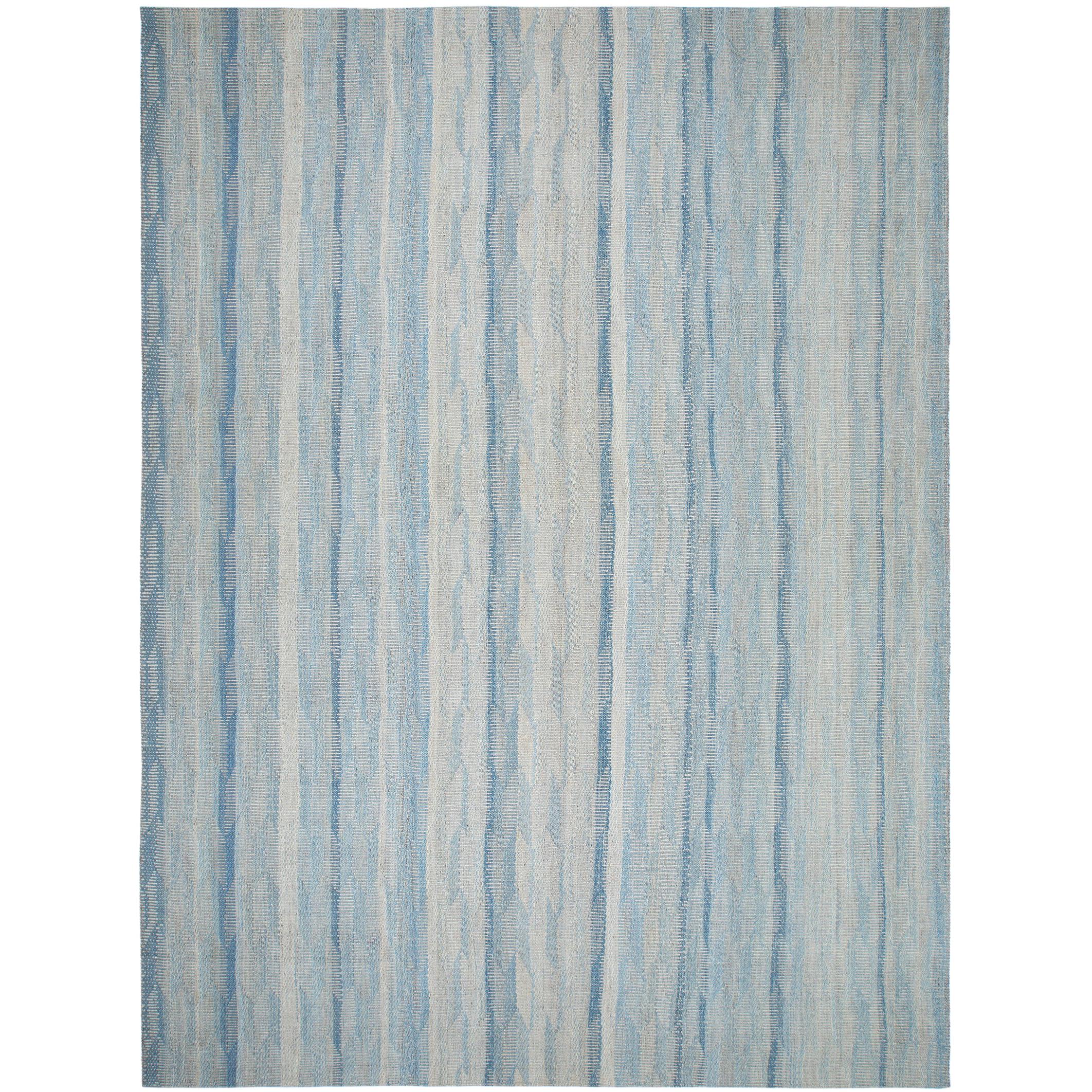 Modern Unique Handwoven Textured Flat-Weave Rug in Shades of Blue For Sale