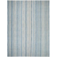 Modern Unique Handwoven Textured Flat-Weave Rug in Shades of Blue