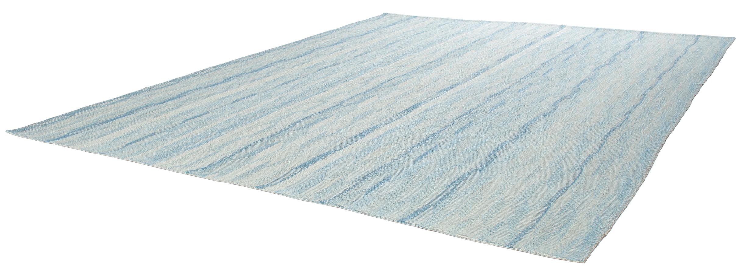 Mid-Century Modern Modern Unique Handwoven Textured Flat-Weave Rug in Shades of Blue For Sale