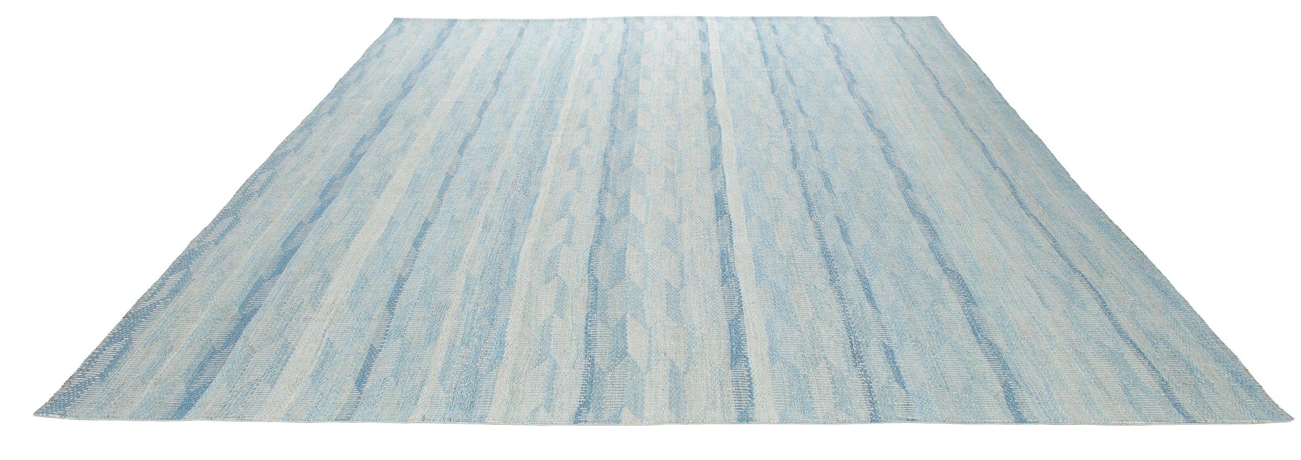 Afghan Modern Unique Handwoven Textured Flat-Weave Rug in Shades of Blue For Sale
