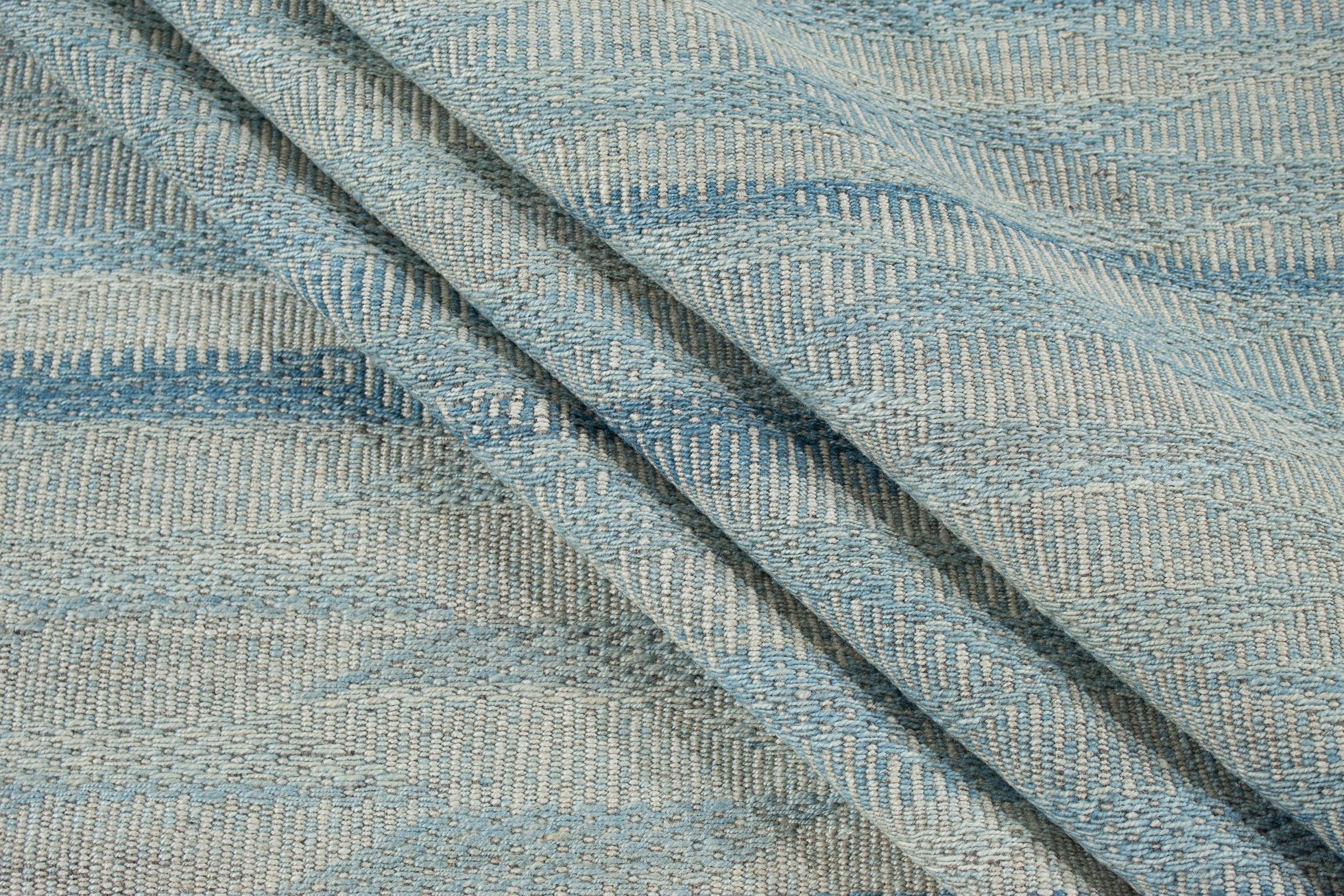 Hand-Woven Modern Unique Handwoven Textured Flat-Weave Rug in Shades of Blue For Sale