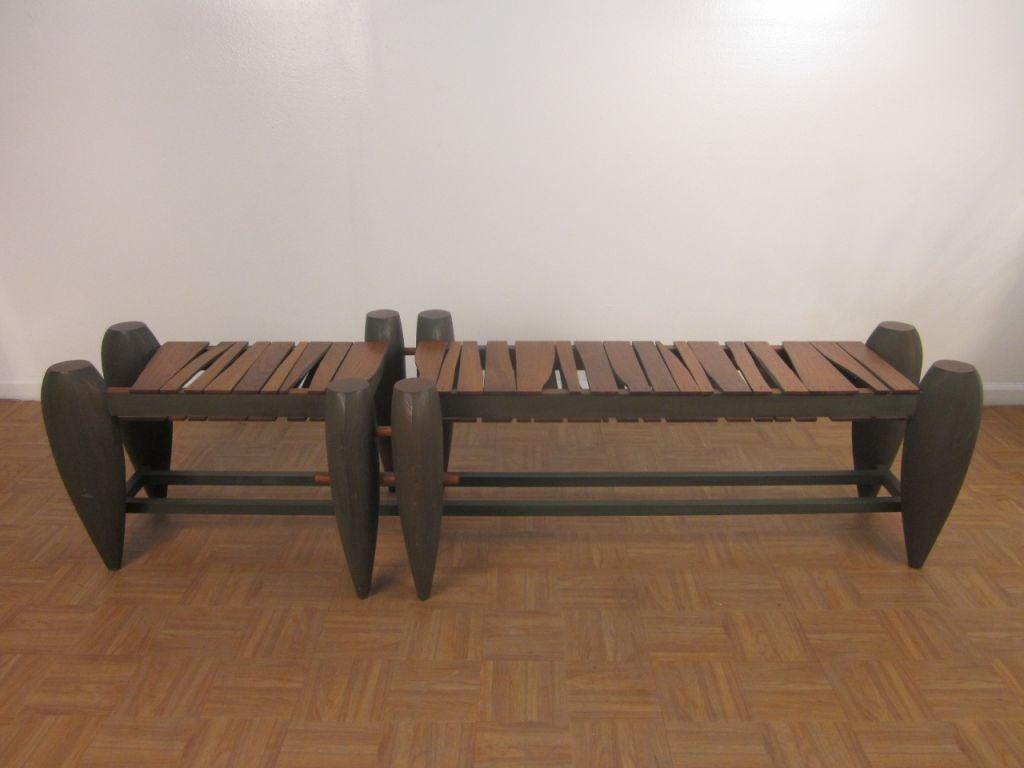 Arts and Crafts, unique slat bench. Unique, slat bench with painted eight abstract shaped legs and stretcher. Bench is double slated.