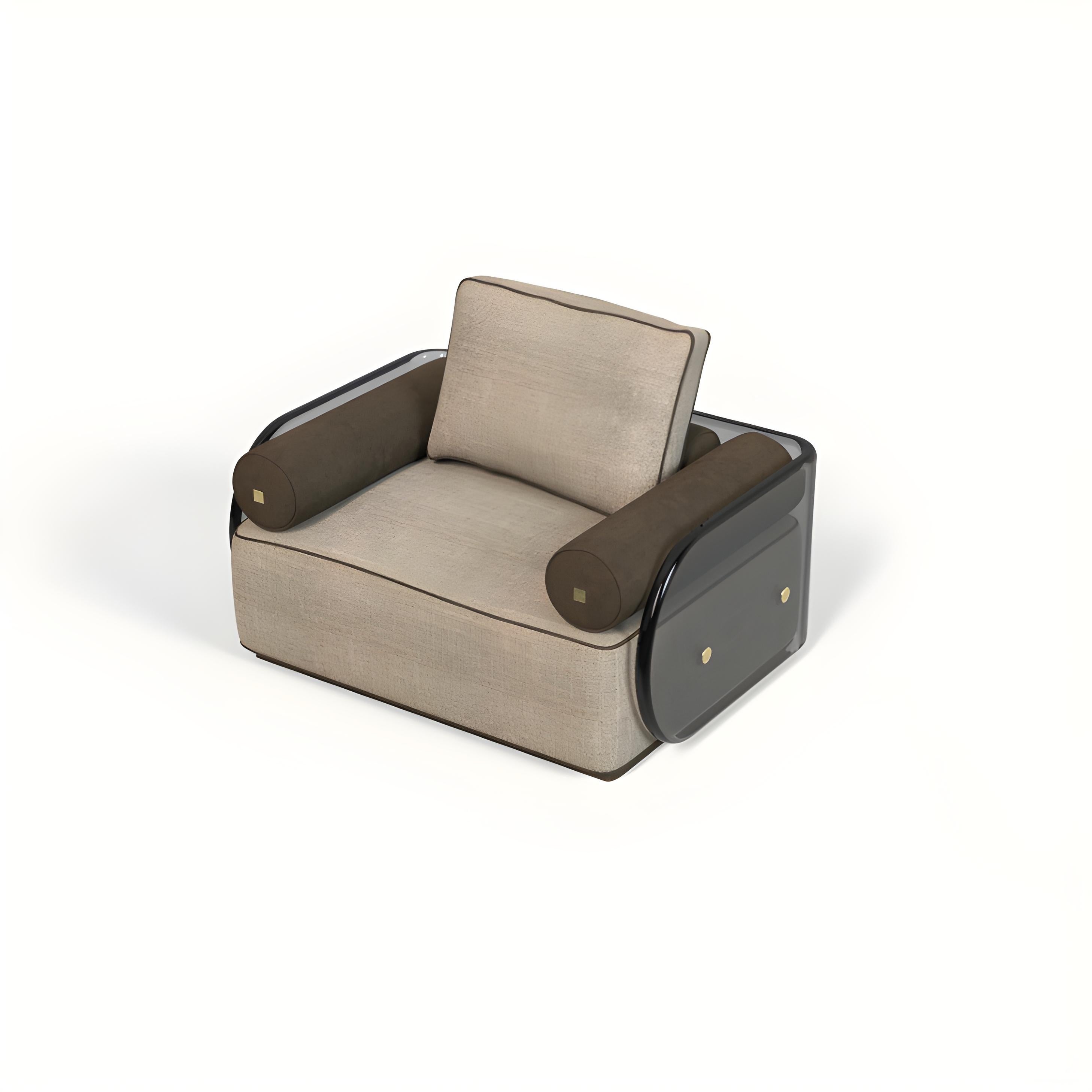 Art Déco Poltrona moderna imbottita con fianchi in acrilico e dettagli in metallo in vendita