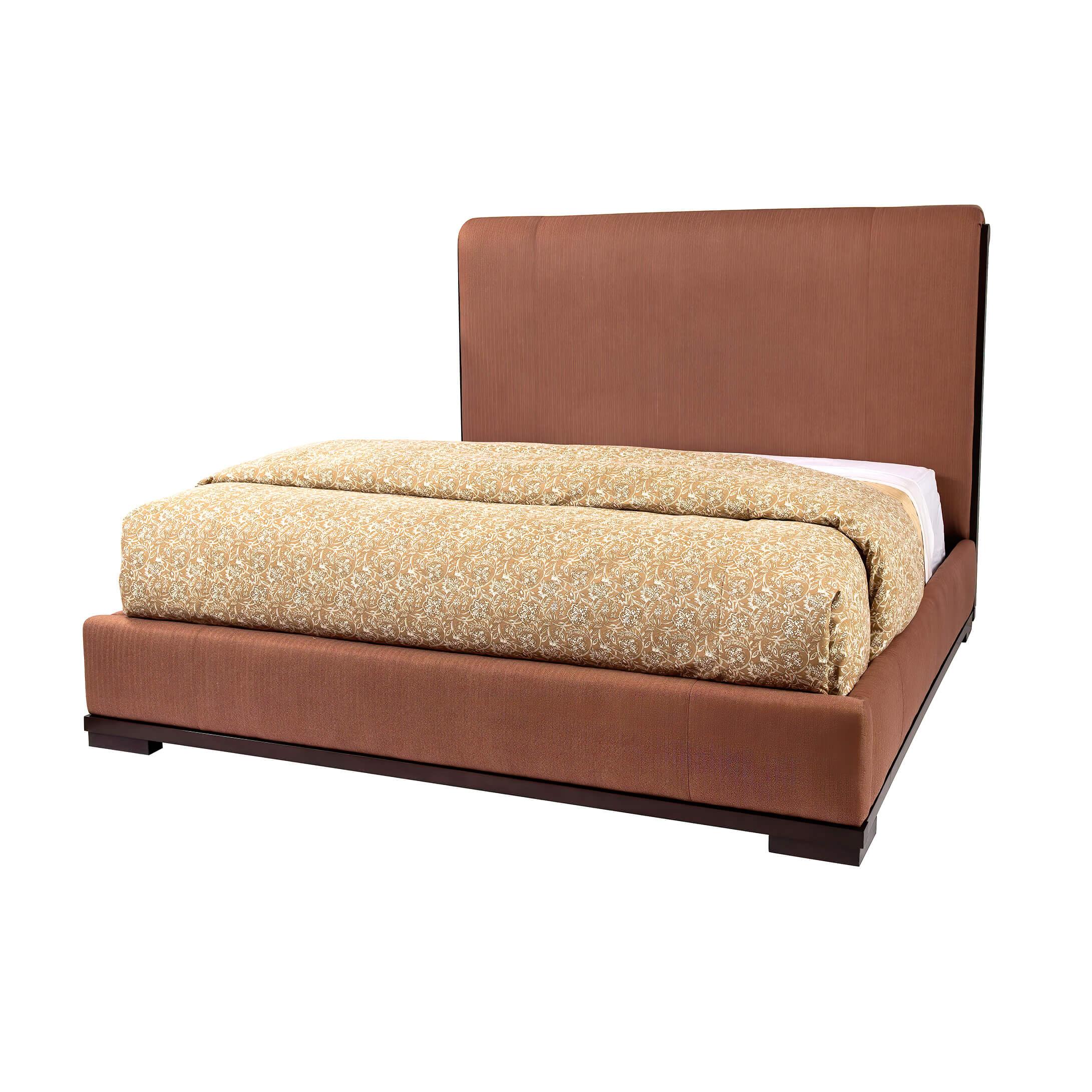 A modern upholstered bed wit a generously padded headboard with wood trim inlaid on each side, an upholstered foot and side rails, and set of a wooden base with block feet.
Dimensions: 89