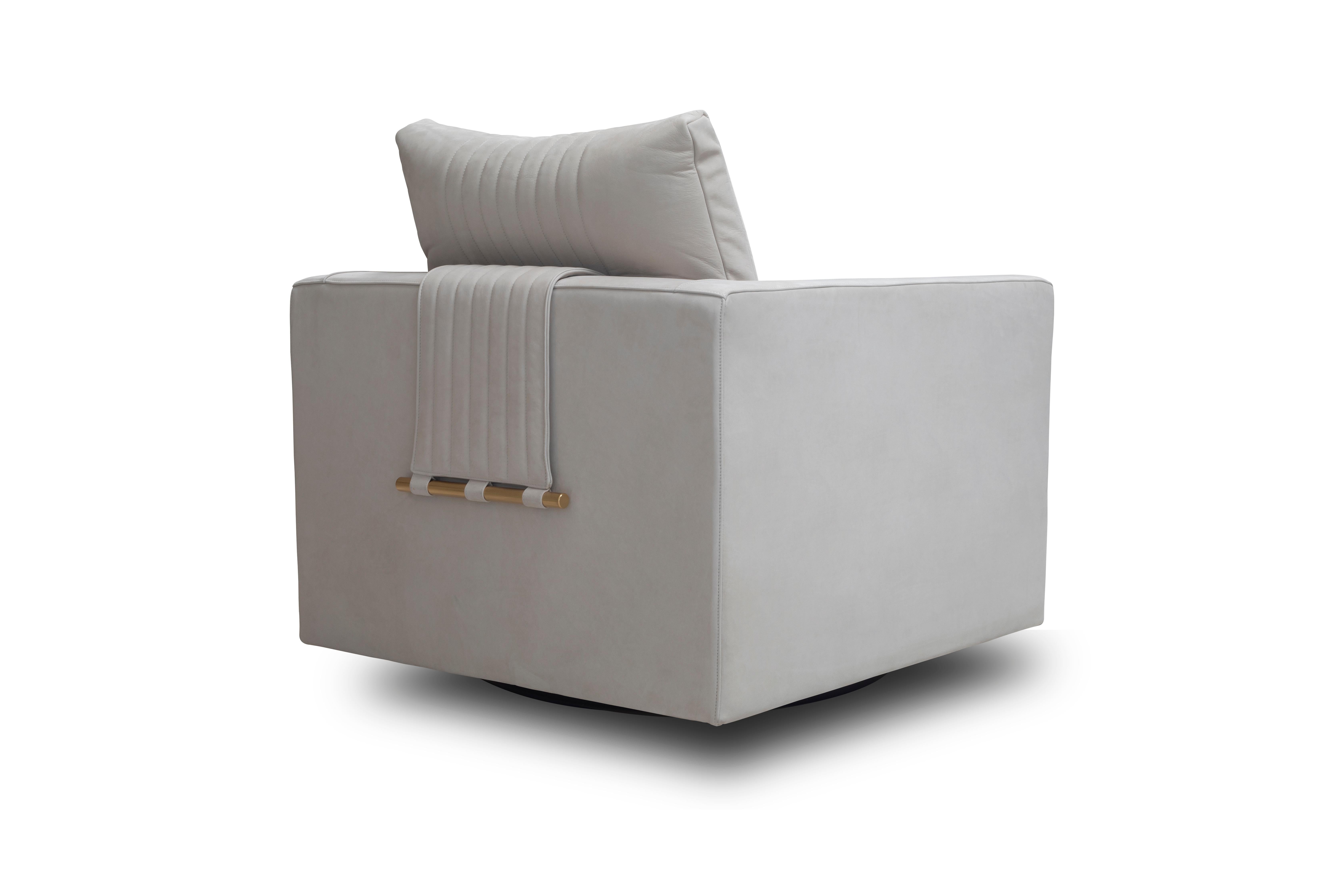 Italian Modern Upholstered Beige Swivel Armchair with Draped Metal Accent Bar  For Sale