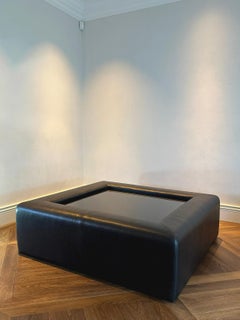 Modern Upholstered Leather Coffee Table with Black Glass Top