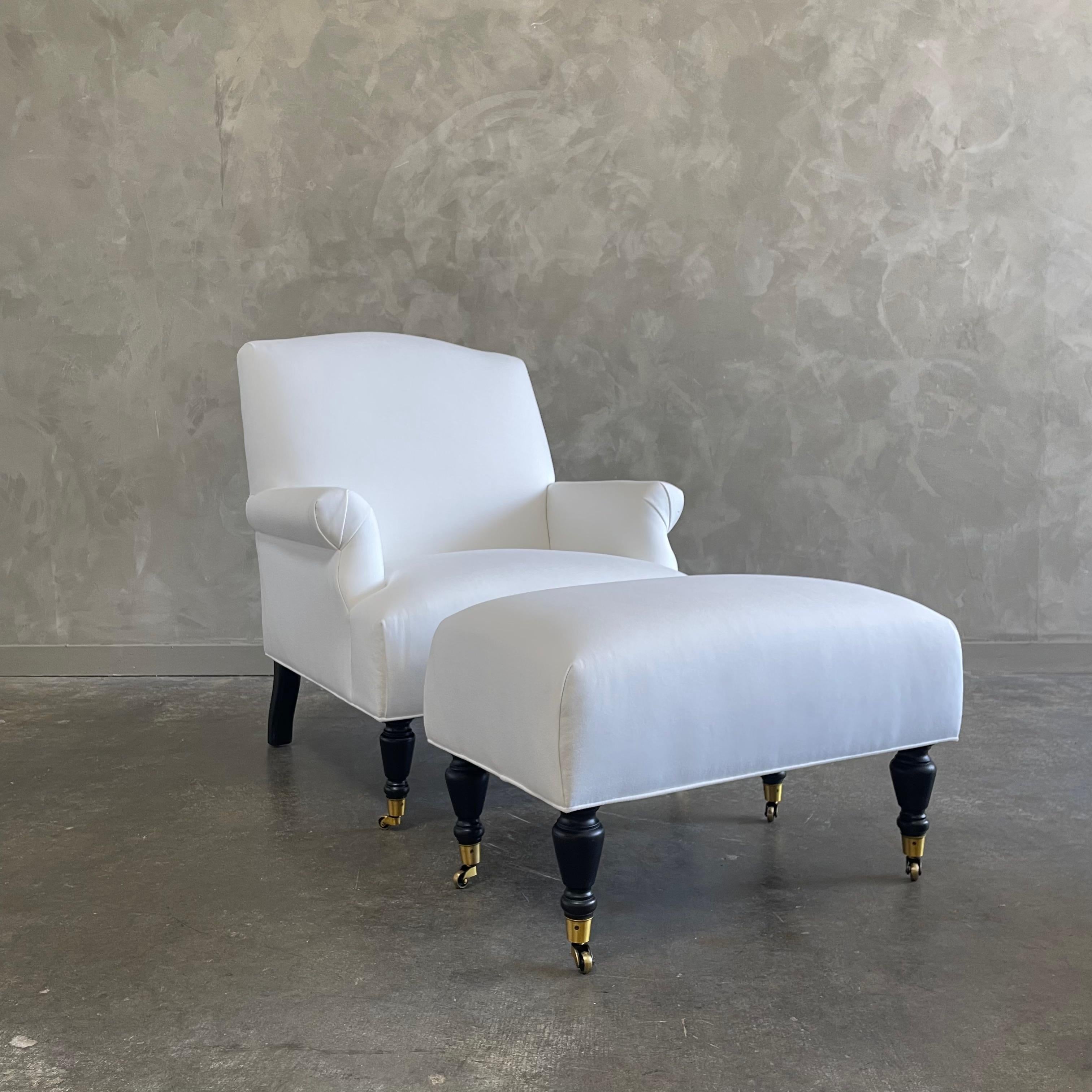 Modern Upholstered Linen Chair & Ottoman For Sale 5