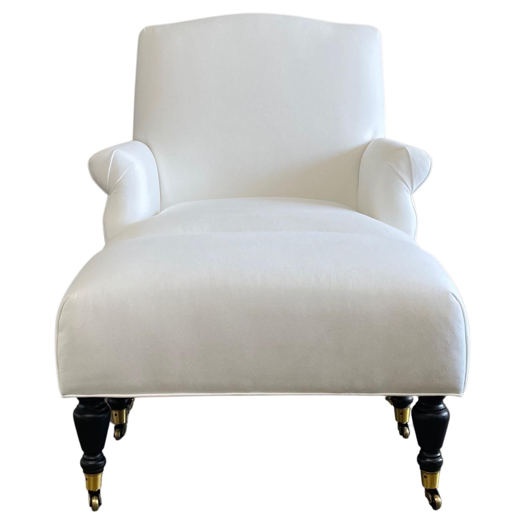 French inspired upholstered linen bergère chair and ottoman, are French inspired chair are based on an original Napoleon III style pair of chairs. Napoleon III was the nephew of Napoleon Bonaparte. This style dates from the mid- to late 19th