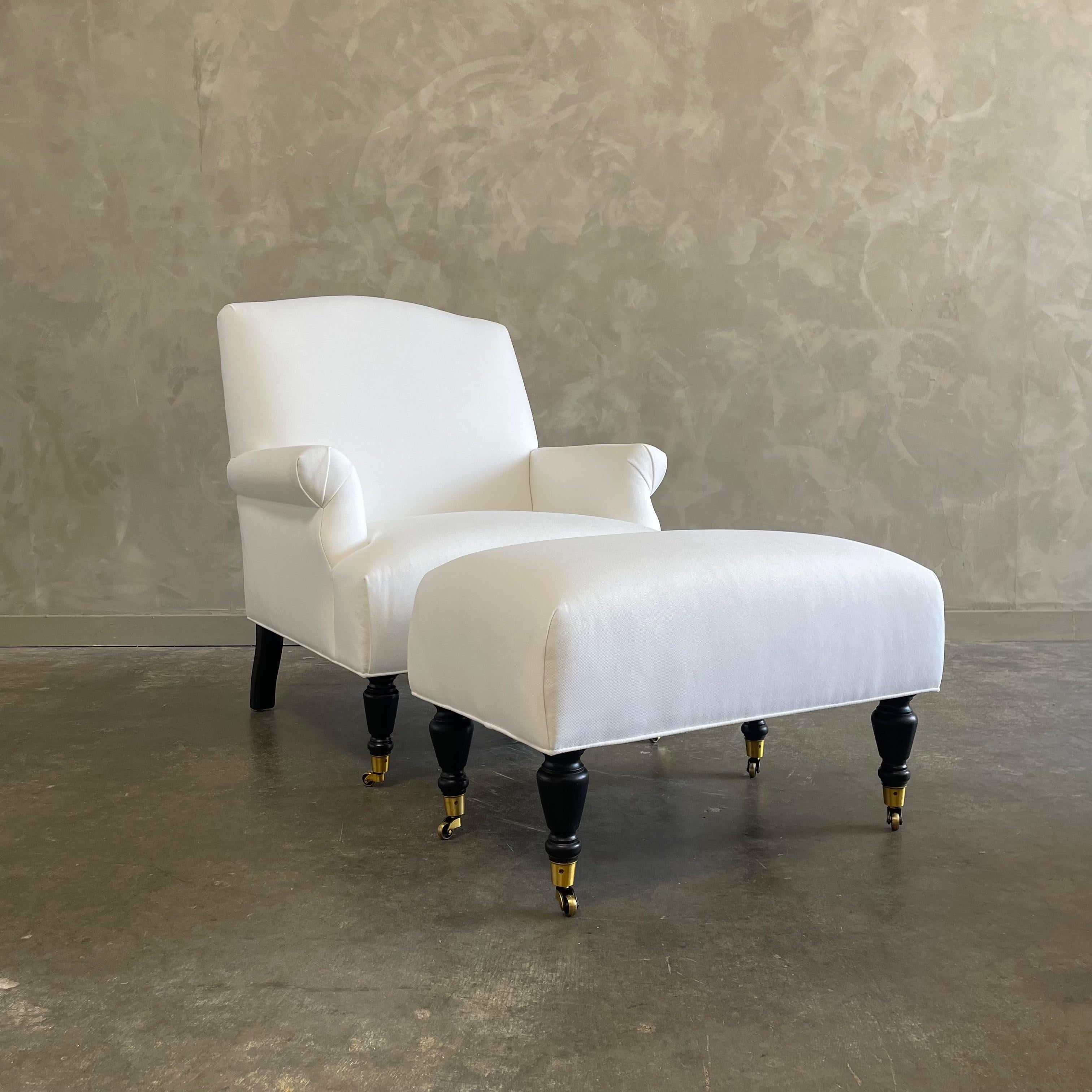 Contemporary Modern Upholstered Linen Chair & Ottoman For Sale