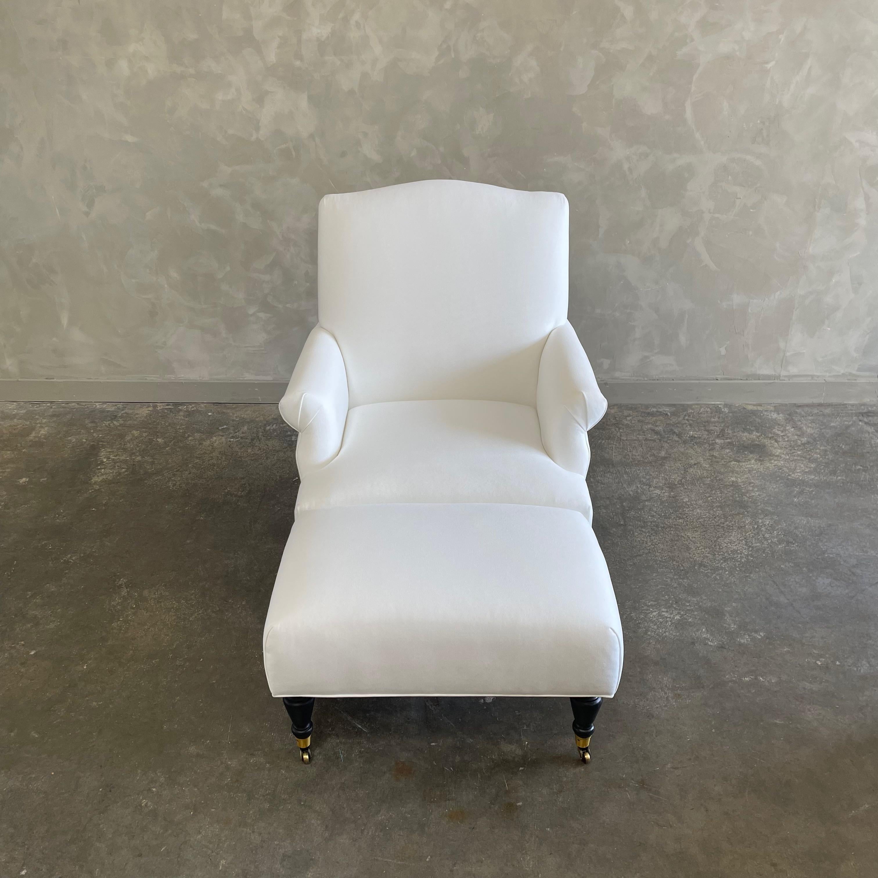 Modern Upholstered Linen Chair & Ottoman For Sale 4