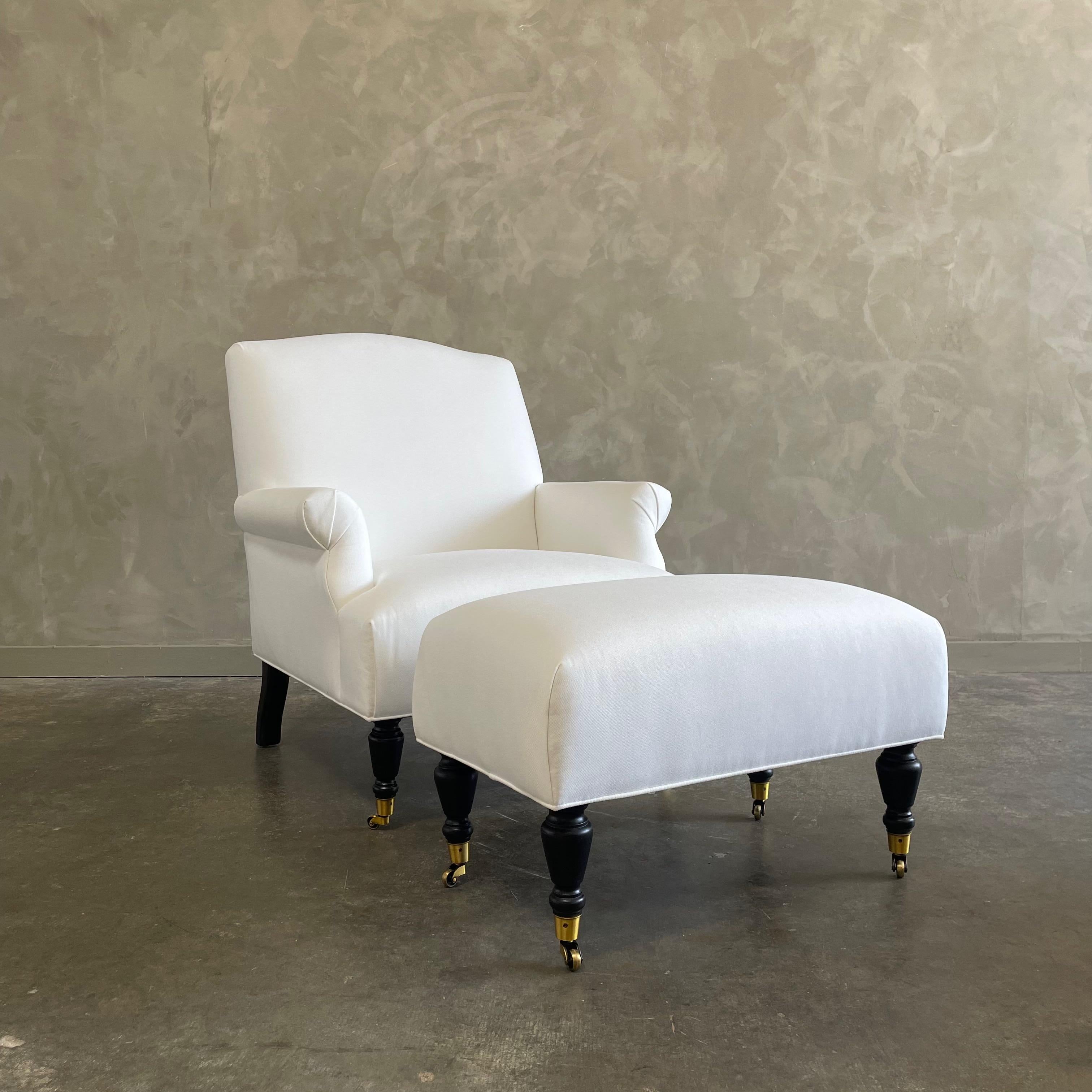 Modern Upholstered Linen Chair & Ottoman For Sale