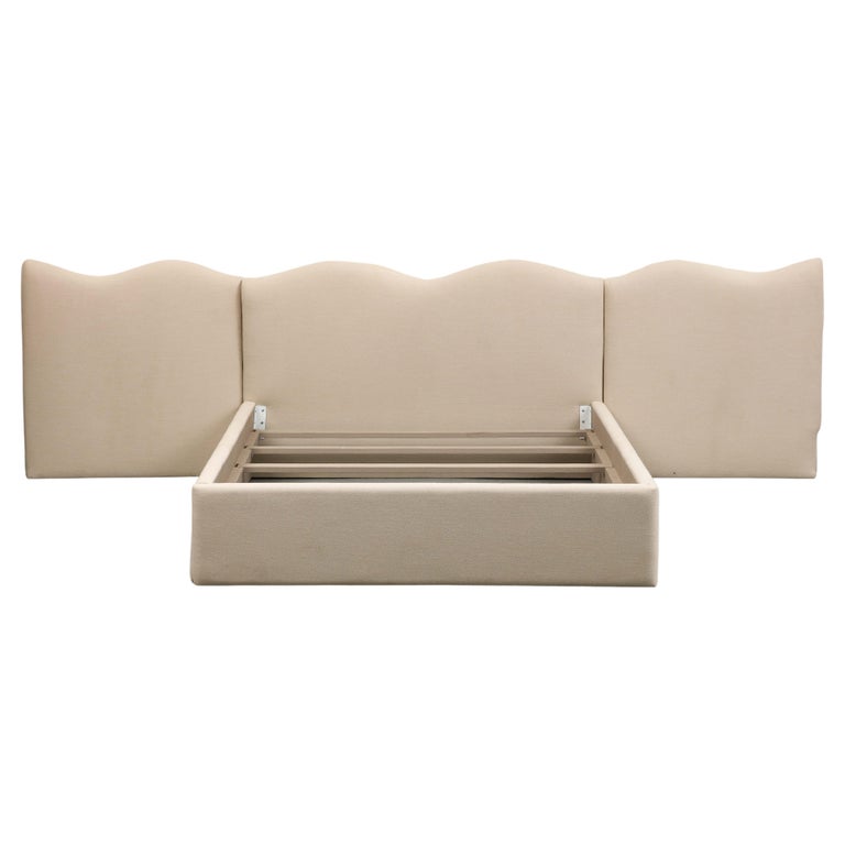 Modern Upholstered Linen Queen Bed with Scalloped Headboard and