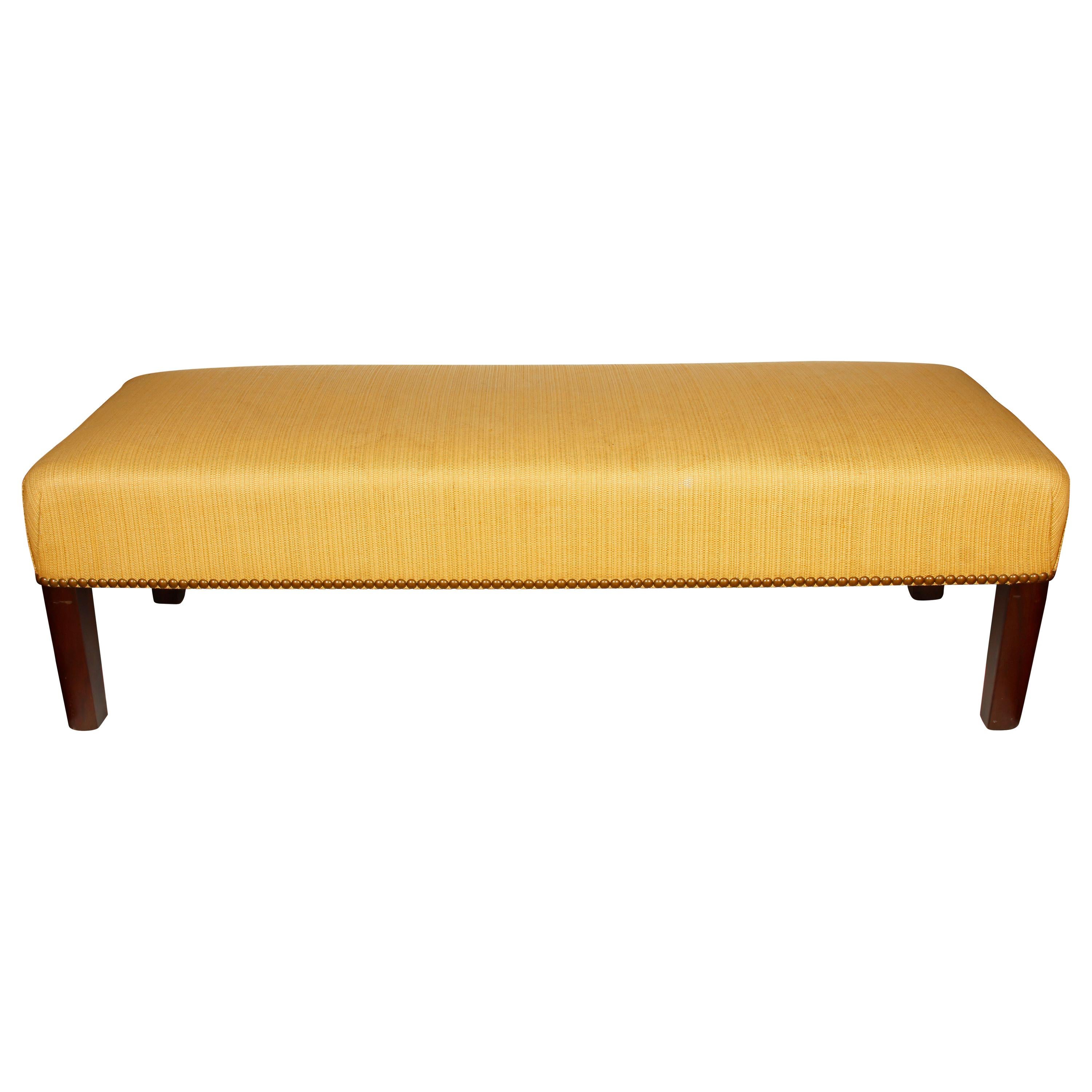 Modern Upholstered Long Bench with Mahogany Legs