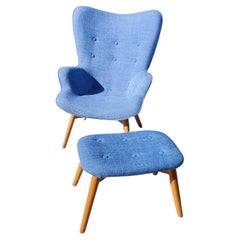 Vintage Modern Upholstered Lounge Chair With Matching Footstool / Ottoman.
