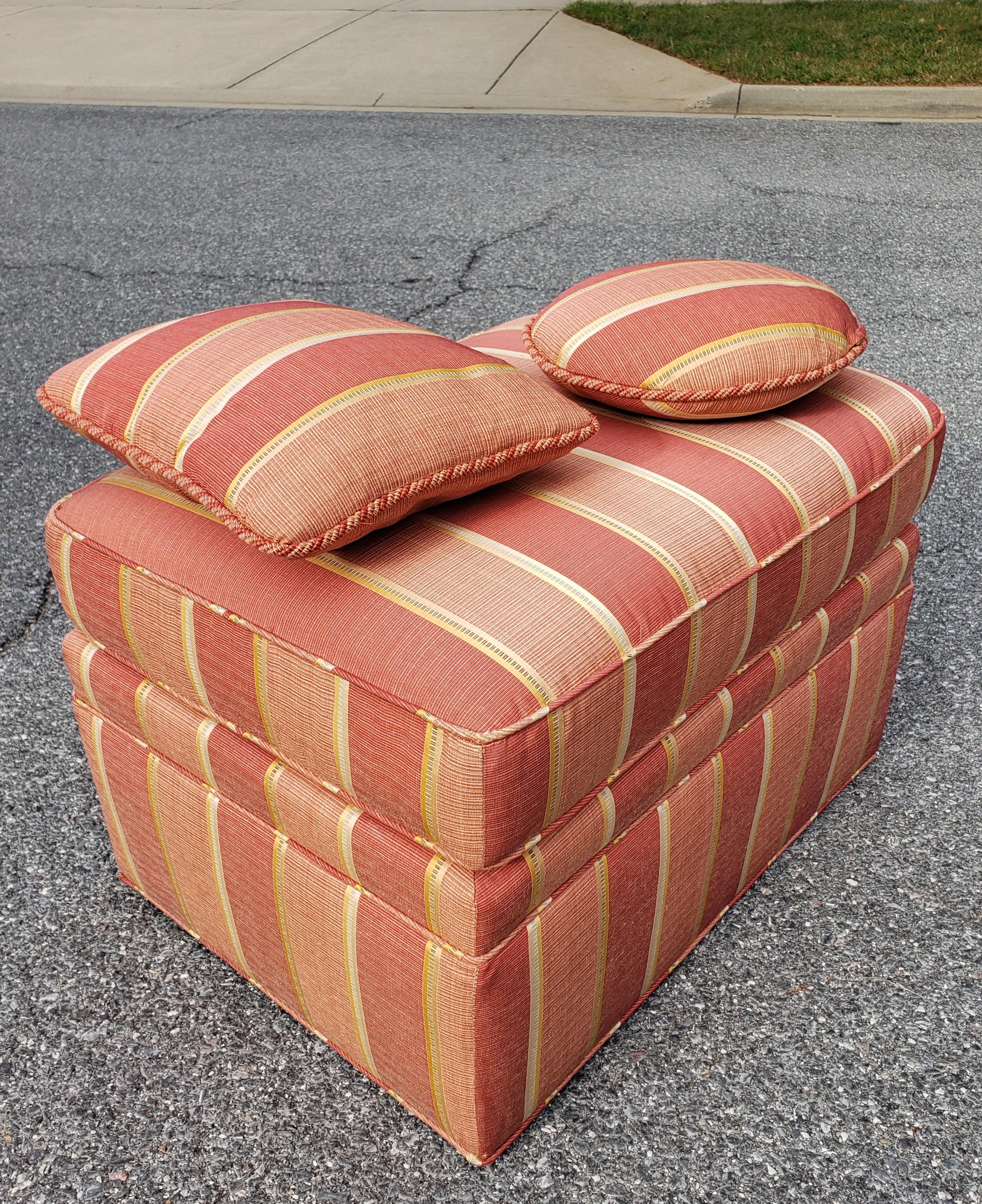 20th Century Modern Upholstered Rolling Ottoman with Two Matching Decorative Pillows For Sale