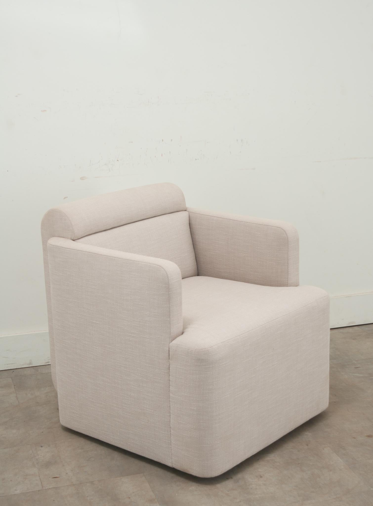 A comfortable custom upholstered swivel armchair recently built and upholstered by Dmitriy Co. Be sure to view the detailed images to get a closer look at this custom swivel chair. 