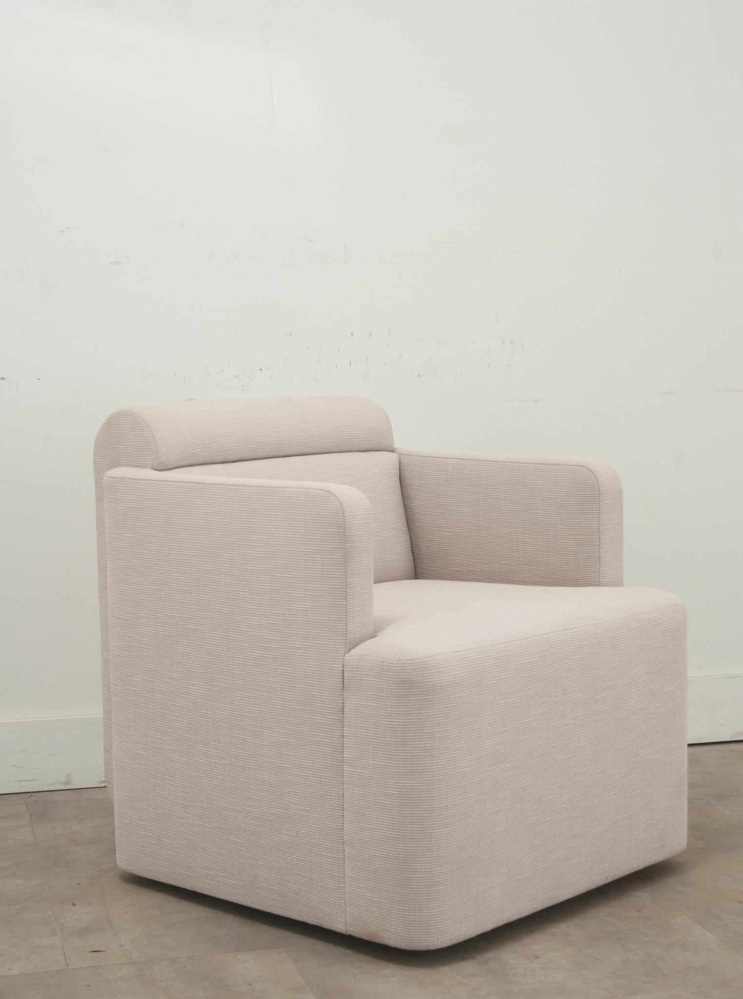 Hand-Crafted Modern Upholstered Swivel Armchair For Sale