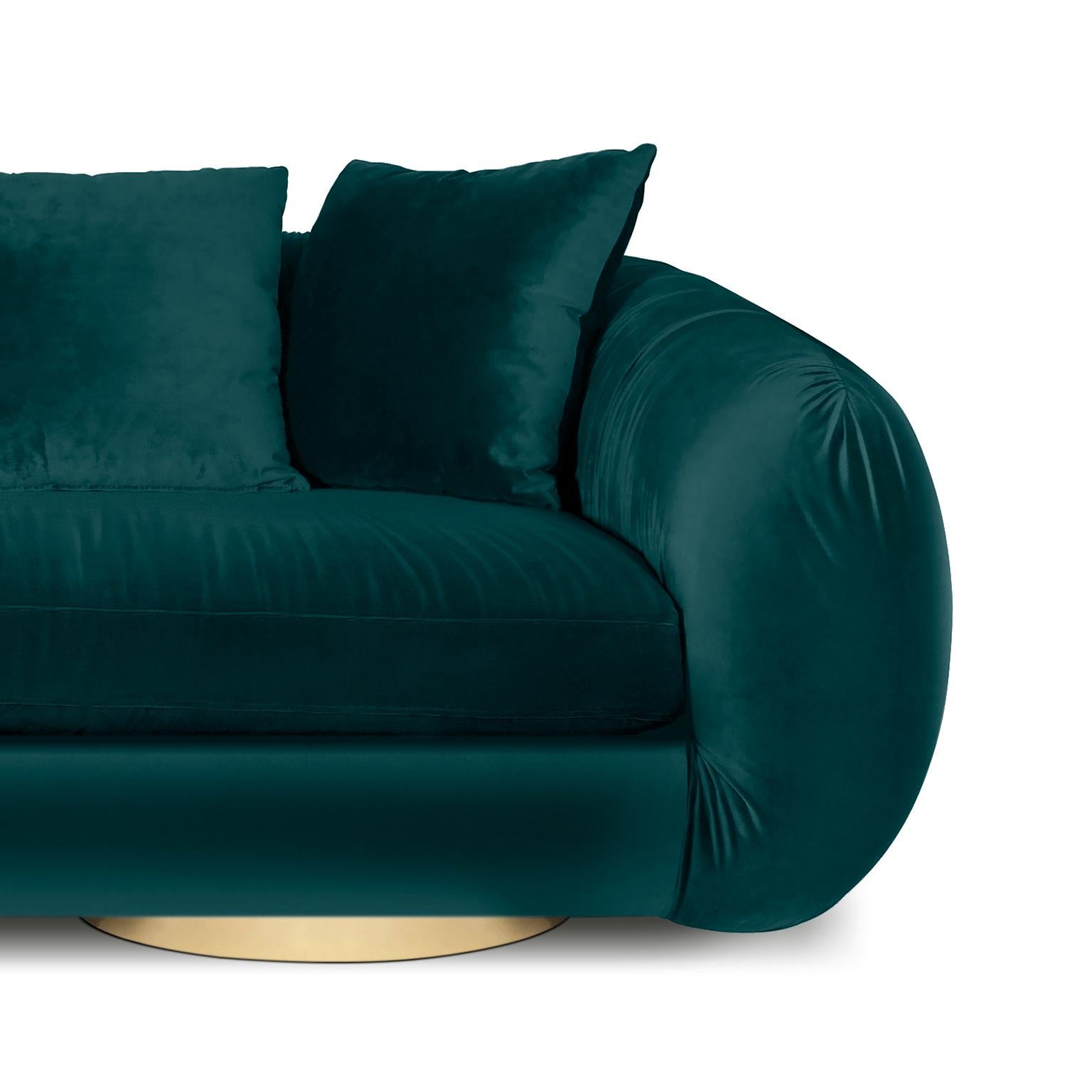 Portuguese Modern Upholstery Belly Sofa in Blue Velvet and Polished Brass Base For Sale